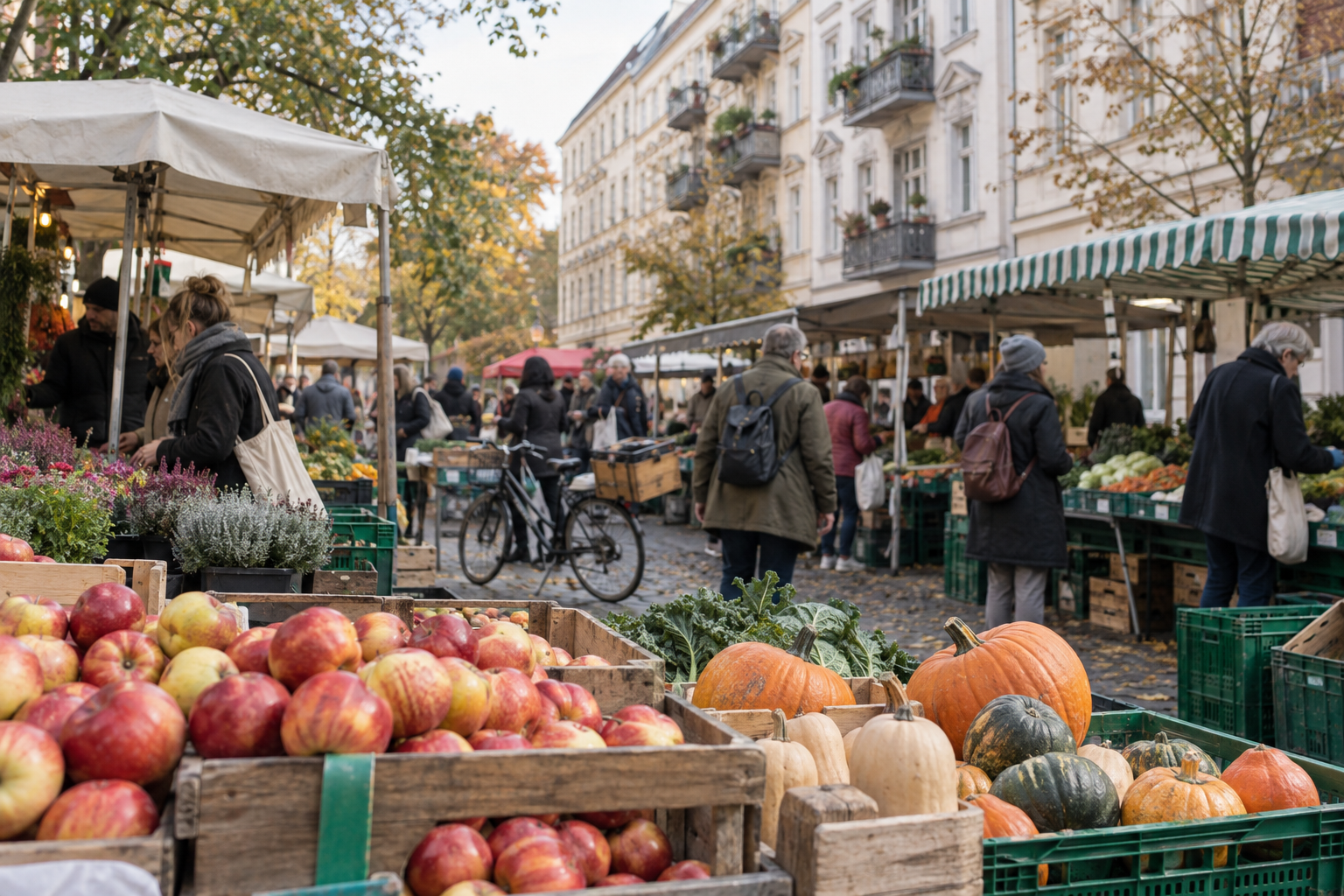 Äpfel und Kürbisse auf einem herbstlichen Berliner Wochenmarkt